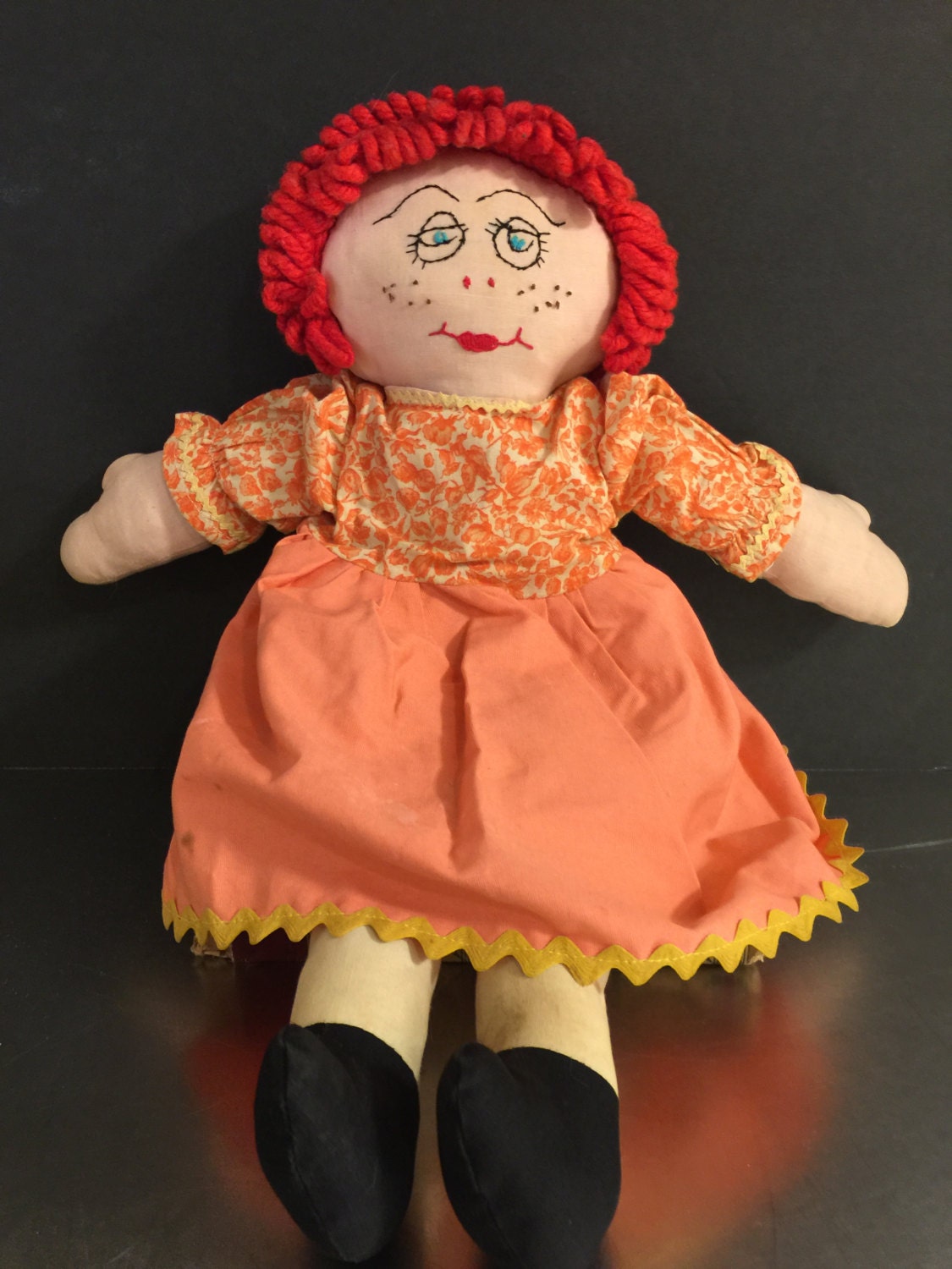 Vintage Raggedy Ann Handmade Cloth Rag Doll Retro Orange
