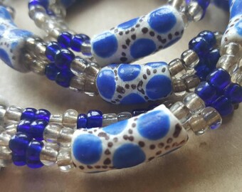 Vintage Demi Parure Ceramic Porcelain & Glass Blue and White Necklace and Bracelet set.