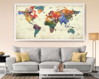 World map push pin, World map with countries art print, Push pin travel world map wall art print, push pin map extra large wall art (L87)