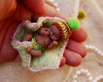 Flower AA baby - Custom hand sculpted OOAK - Micro mini black baby - Polymer clay original hand sculpted art dolls 1:12 dollhouse scale
