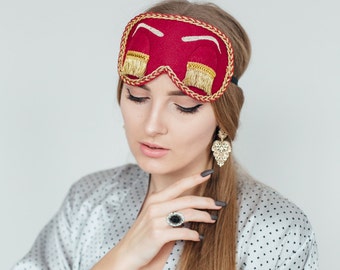 Burgundy with Gold Holly Golightly Sleep Mask with Eyelashes, Handmade Audrey Hepburn Night Mask, Breakfast at Tiffany's Eye Mask