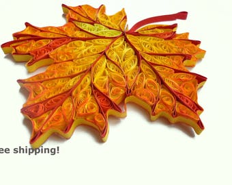 Quilled Autumn leaves Decorations, Wood Fall Home decor, Rustic nature ornaments, paper quilling, Thanksgiving, set of 2 pieces
