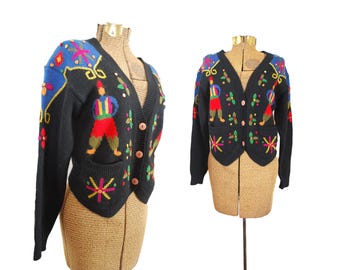 Vintage Cardigan Embroidered Sweater Unique Sweater Southwestern Sweater Button Up South American Sweater Knit Crochet Rene Derhy Paris