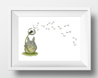 My Neighbor Totoro and Dandelion, blowball, mythical forest spirit, Anime fantasy film - Cross-stitch PDF pattern - Instant digital download