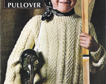 PDF of vintage children's knitting pattern, cabled sweater/jumper, "Knit Aran Pullover", sizes 6 to 12, chest size 24" to 30", from 1963.
