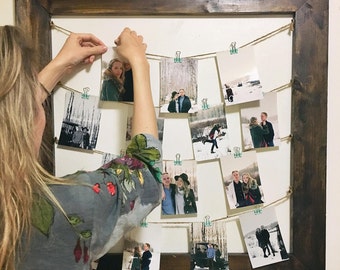 Rustic Clothespin Picture Frame / Photo Display - Wedding Display - Clothesline Collage - Includes line and small pins 32x32