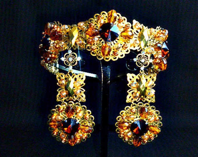 Wedding gold Rich Smoky Brown crown headband bridal jewelry set tiara earrings swarovski crystal bride dolce personalized womens gift royal