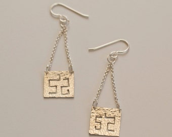 Sterling silver hammered drop earrings inspired by congo textile art - handmade