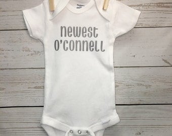 last name onesie, new baby onesie, newest addition onesie, announcement onesie, baby announcement, new baby, gender reveal onesie, baby name