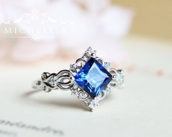 Princess Cut Sapphire Engagement Ring, Gold Lab Blue Sapphire Ring, 14K 18K Solid Gold Sapphire Ring, Square Sapphire, September birthstone