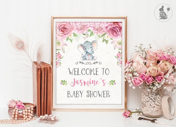 Elephant BABY SHOWER Welcome Sign. Jungle Baby Shower Printable. Pink Roses. Floral Baby Photo Booth Props Decoration Little Peanut. RO1 Il_570xn