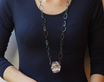 Blackened long silver necklace with quartz pendant, blackened silver necklace, quartz pendant, quartz special cut