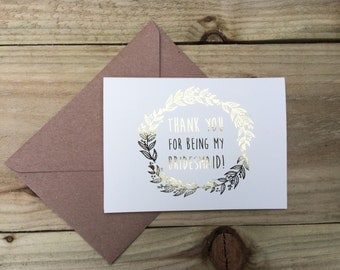 Gold foil thank you card for bridesmaid/ maid of honour/ flower girl/ chief bridesmaid.. silver, gold, rose gold, copper card