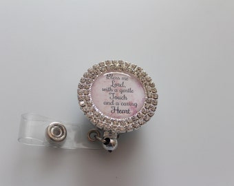 Badge Holder, Nurse's Prayer Badge Reel Double Rhinestone Setting, Pink Floral Background, RN ID, Medical Badge Reel, Christian ID