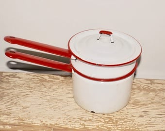 White enamel pot cookware,red trim,double boiler,red handles,enamel sauce pot,white enamelware,rustic enamel,farmhouse cookware,kitchen