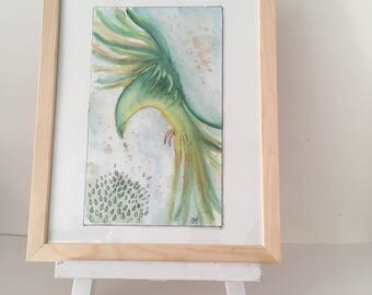 Abstract watercolor, original painting on paper, bird wall art illustration, Parrot green tropical style, exotic figure.