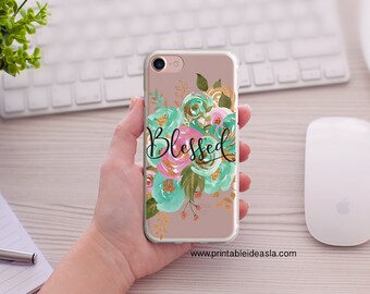 Mint and Gold floral Bible Verse Phone Case, Blessed Floral Clear iPhone Case, iPhone Case 5/5s/SE 6/6s 6splus/6plus7/7Plus