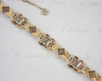 Vintage Damascene Bracelet, Gold Tone Toledoware Bracelet, Spanish Souvenir Bracelet, Vintage Enamel Bracelet