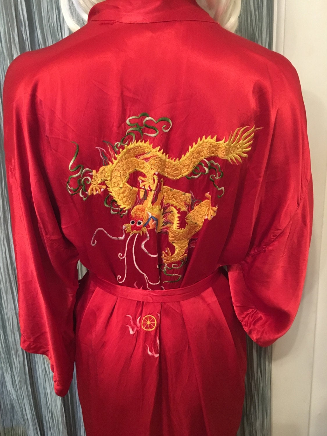 Vintage Red Silk Embroidered Chinese Dragon Robe