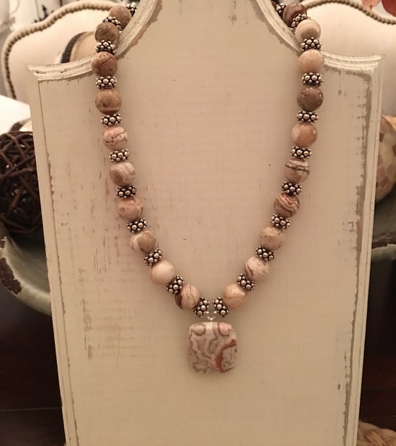 Beautiful Sterling Silver Bead and Crazy Lace Agate Stone Necklace