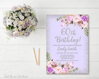 60th Birthday Invitation, Any Age Women Birthday Invitation, Lavender Birthday Invitation, Silver Boho Women Birthday Invite, #BW31-60