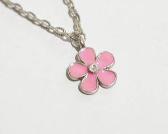 Pink Flower Pendant Necklace -Charm Necklace - Antique Silver Chain Necklace- Bohemian Hobo Style