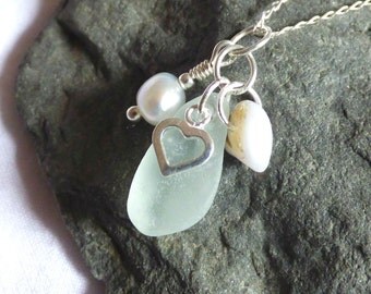 Sea Glass Pendant, Cluster Necklace, Sea Glass Jewelry, Heart Charm, Sterling Silver, Seaglass Jewellery, Shell, Pearl - PI17007