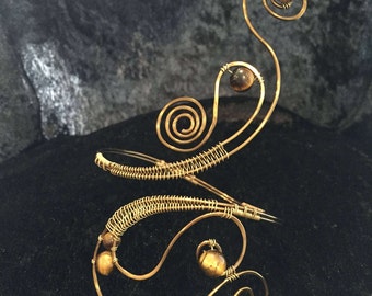 Genuine gold brass, bronze tiger eye upper arm cuff or lower arm cuff antique / "vintaj" vintage swirl spiral handmade bracelet wire wrapped