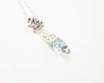 blue flower necklace teardrop jewelry terrarium necklace forget me not flower girl gift for sister gifts for her flower girl necklace Р153