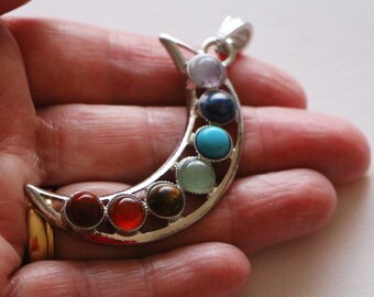 Silver Plated Crescent Moon 7 Chakra Pendant, Celestial, Yoga