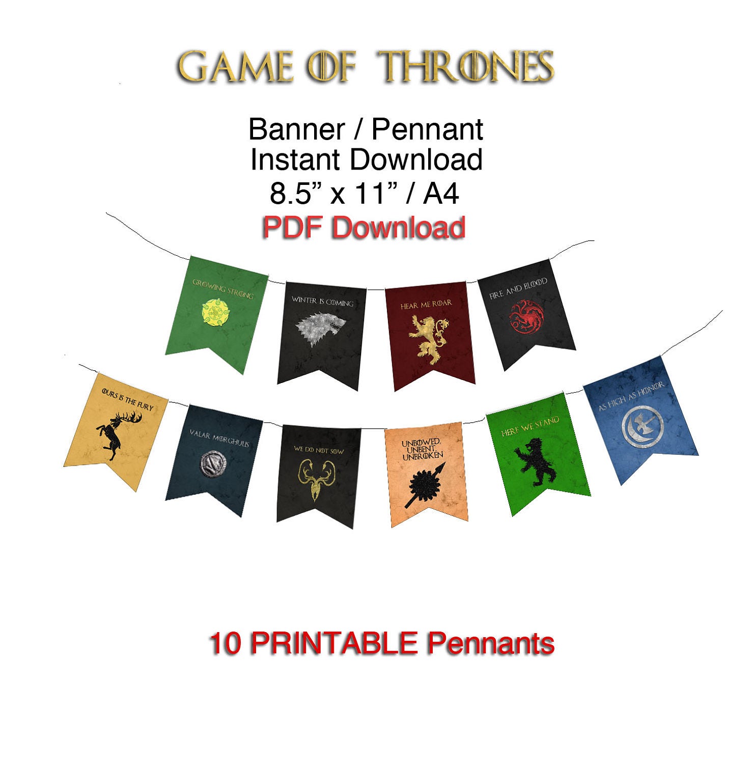 Game of Thrones PRINTABLE Pennant Banner A4 PDF Digital
