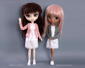 White dress with cardigan for Pullip, Pure Neemo, Blythe, Dal, Obitsu 27 dolls