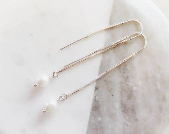 Pearl Drop Earrings/white Pearl Earrings /Silver Drop Earrings/ Pearl Chain Earrings/Minimal Earrings