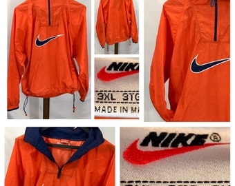 Neon Windbreaker Nike Vintage Orange fluorescent Nylon Half Zip Pullover Huge Swoosh Tag worn destroyed stained Oversized Big XXXL