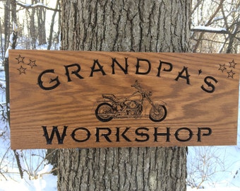 Grandpa's Workshop Custom Wood Sign with Motorcycle, Personalized Wood Sign, Carved Wooden Signs, Custom Fathe'rs Day Gift, Workshop Sign