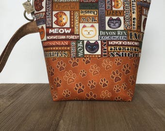 Knitting Project Bag, Knitting Bag, Zippered Project Bag, Sock Knitting, Wedge Bag, All the Cats Fabric