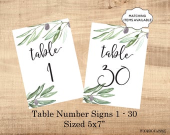 Table Number Signs Printable 5x7 Wedding Table Marker 1-30 Banquet Party Dinner Luncheon Benefit Table Identifier Olives Boho Leaves PCOLWS
