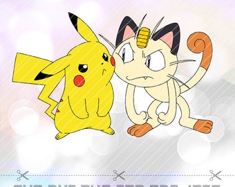 Pikachu and Meowth Pokemon SVG DXF PNG Vector Cut File Cricut Design Silhouette Cameo Stencil Template Decal Vinyl Heat Transfer Iron on