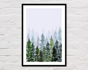 Watercolor Evergreen Trees, Watercolor Forest Print, Watercolour, Mountain Home Decor, Botanical Art, Printable Wall Art, Digital Download