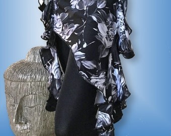 Ruffle Belly Dance Hip Scarf / Asymmetrical Overskirt in Black and Gray Floral Print