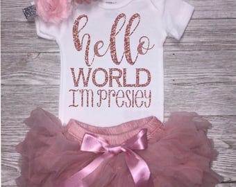 Personalized Hello World Bodysuit | Baby Shower Gift | Baby Girl Take Home Outfit | Optional Bow | Baby Girl Clothing | Newborn Baby Girl