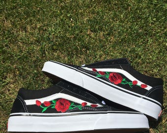 Red Rose Pink Rose Iron On Old Skool Vans Black Hand Made One of A Kind Men Women Gift DIY Black White Patch Tumblr Shoes