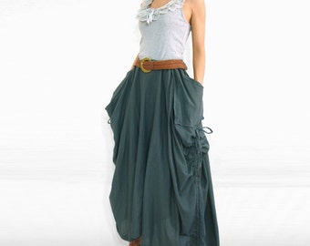 Dark Grey Cotton Maxi Skirt with Big Pockets - SK001