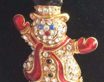 Vintage Monet Rhinestone Enamel Snowman Brooch