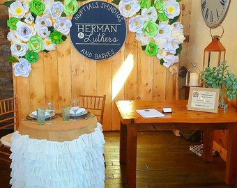Round burlap tablecloth with white ruffles-white ruffled tablecloth-shabby chic tablecloth-wedding tablecloth-white waterfall tablecloth
