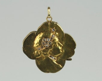 Large 14K Art Nouveau Shamrock Locket with Rose Cut Diamonds