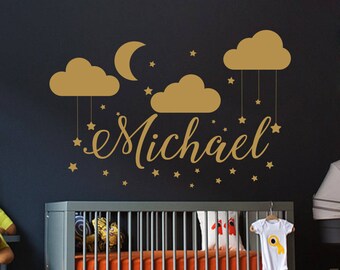 Name Wall Decal Baby Nursery Wall Decal Boy Name For Son's Nursery Vinyl Decal Clouds Wall Decor Moon Stickers Decal Star Art Decor S79