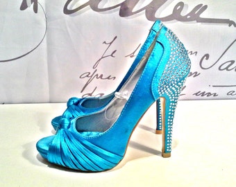 Crystal Heels Women's Shoes Bright Blue Open Toe Rich Size 6us/3uk/36eu