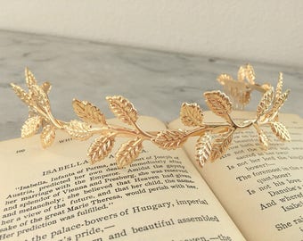 Gold Leaf Crown.Gold Leaf Tiara.Gold Leaf Bridal headpiece.Leaf fascinator.Gold Leaf hair accessory.wedding hair piece.Grecian tiara.Athena