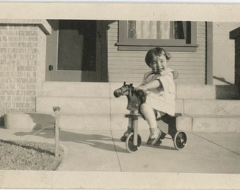 vintage photo 1924 Little Girl Rides Horse Tricycle Wooden Toy